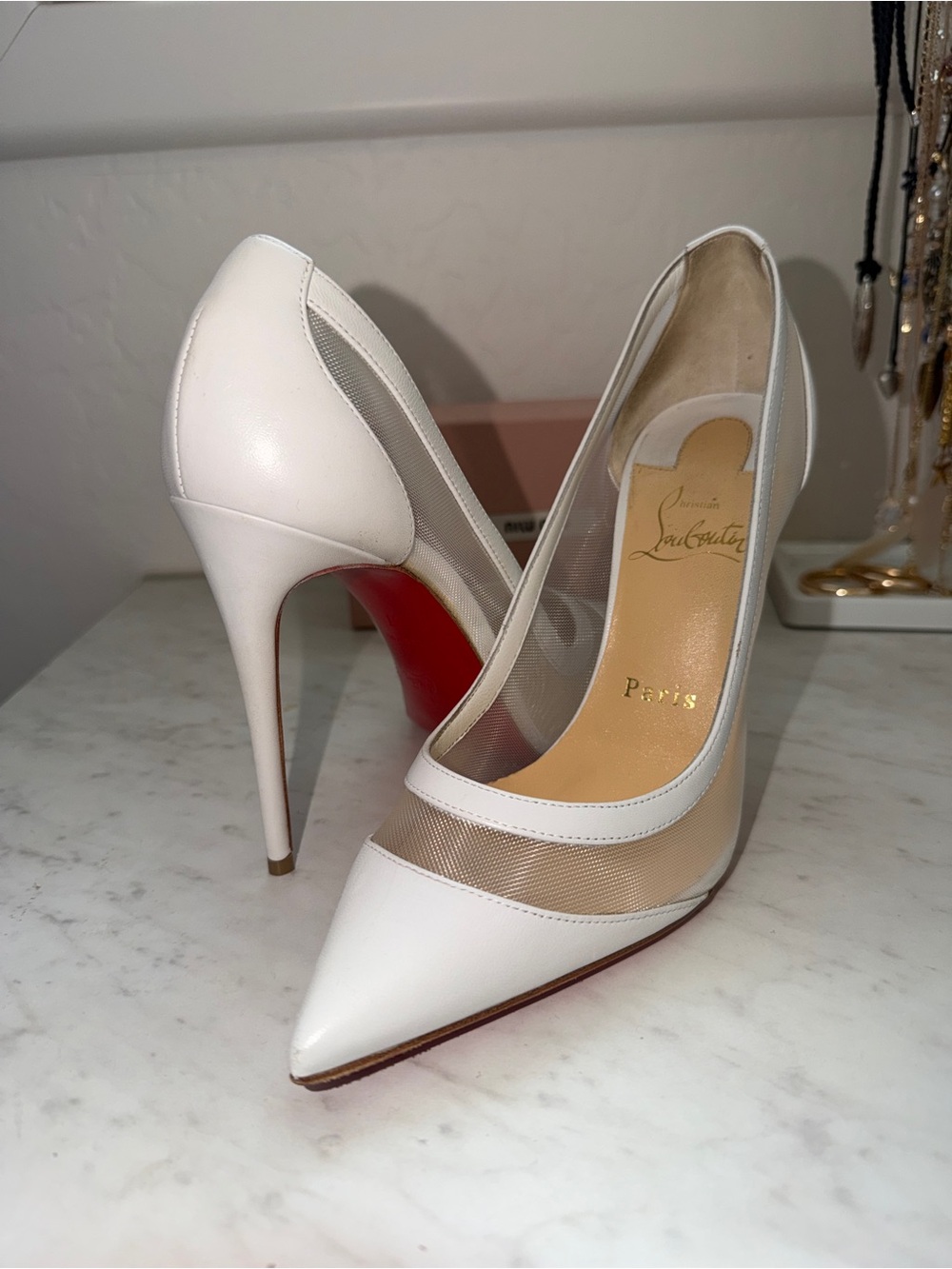 Christian Louboutin White Pointed Mesh Stiletto Pumps with Red Sole